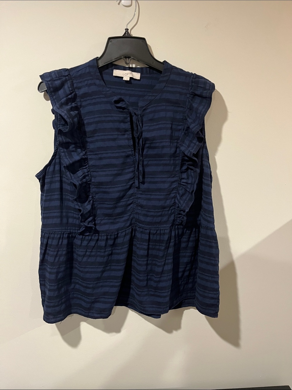 LOFT Navy Striped Ruffle Tie-Neck Sleeveless Top
